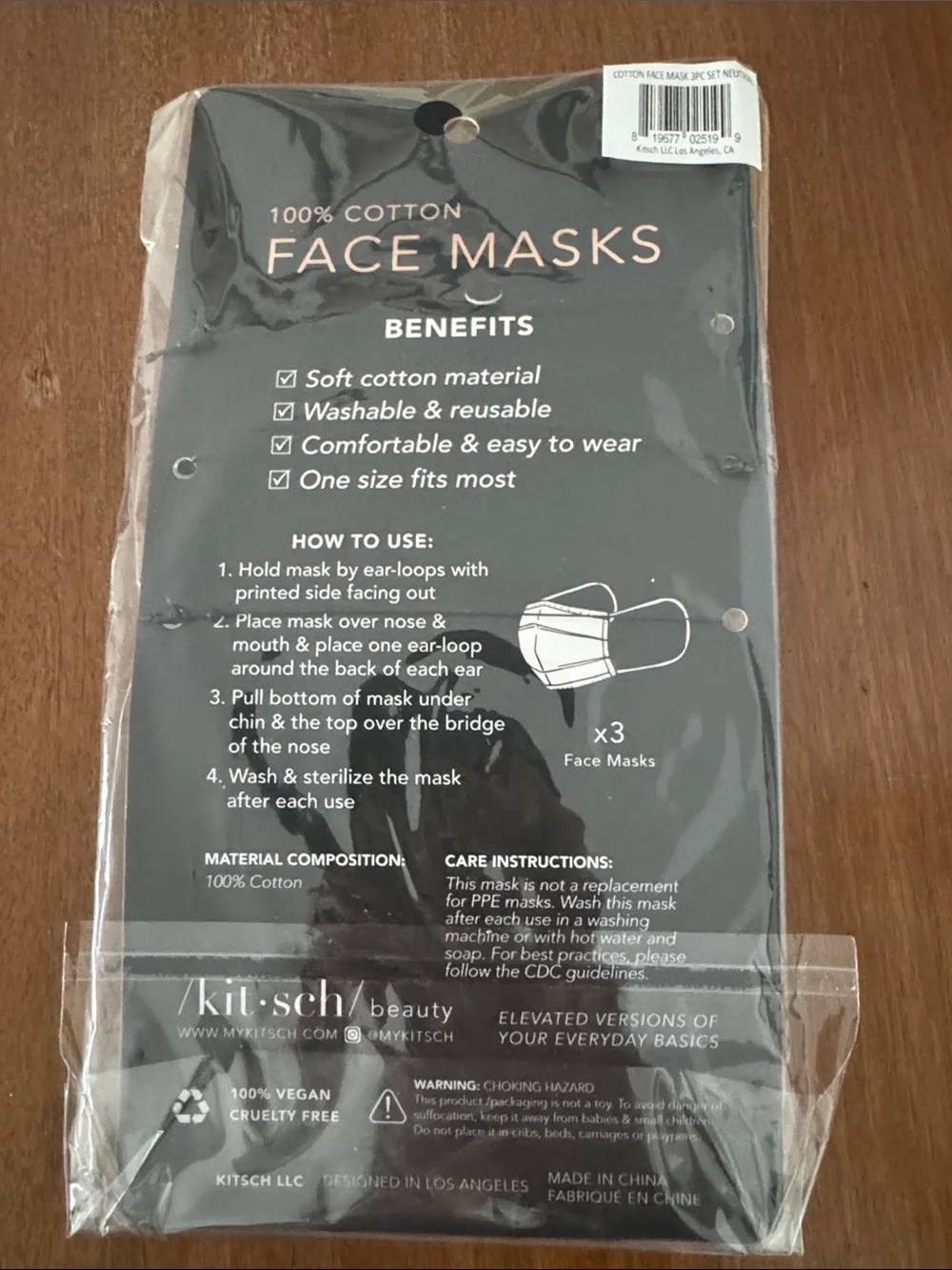Kitsch Black, White & Gray 3-Pack Cotton Face Masks